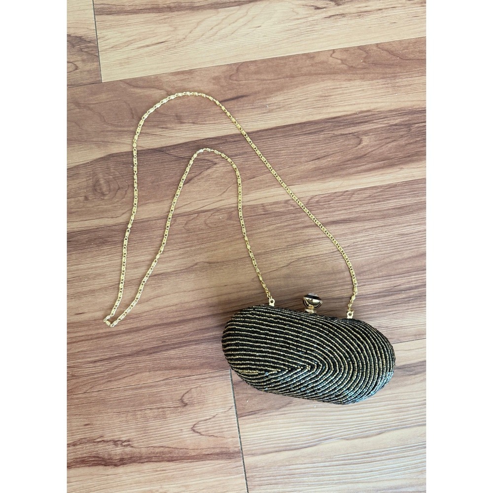 Lulu Townsend Black Beaded Clutch Evening Bag Gold Chain‎ Rhinestone Clasp